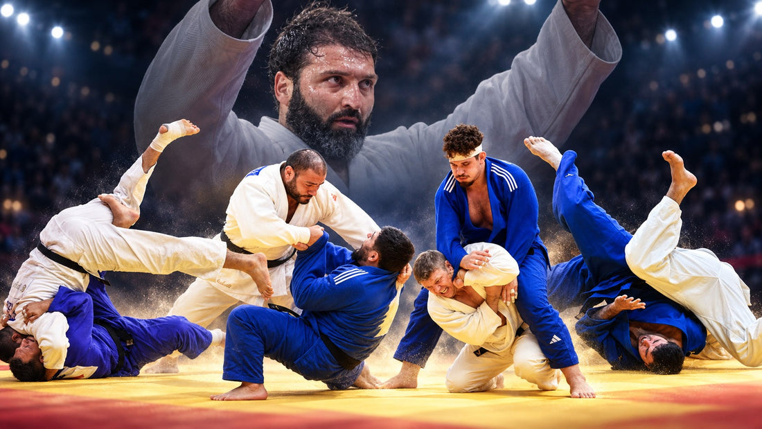 Composite image of judoka in white and blue judogi during throwing exchanges, with a bearded athlete raising both arms in the background.