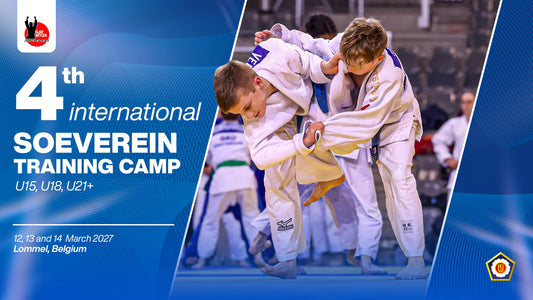 Two young judoka in white judogi practise a standing grip exchange on tatami, framed by a blue training camp poster design.