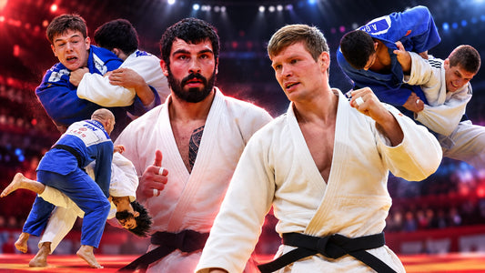 Collage of male judoka in white and blue judogi gripping, throwing and posing against a brightly lit arena background.