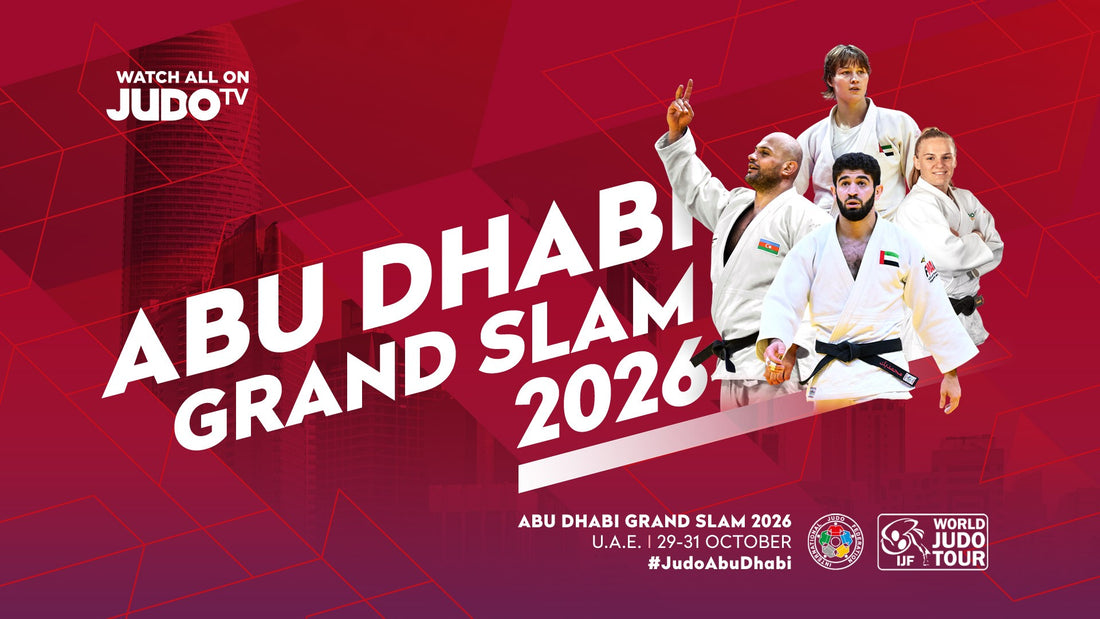 Red Abu Dhabi Grand Slam 2026 graphic with four judoka in white uniforms, event dates and World Judo Tour logos.