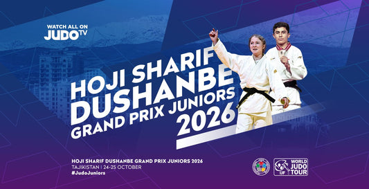 Blue and purple Hoji Sharif Dushanbe Grand Prix Juniors 2026 graphic with two judoka in white judogi; one points upward and the other holds a medal.