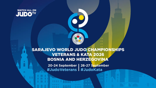 Blue and gold Sarajevo World Judo Championships Veterans & Kata 2026 graphic with a city skyline and Judo TV logo.