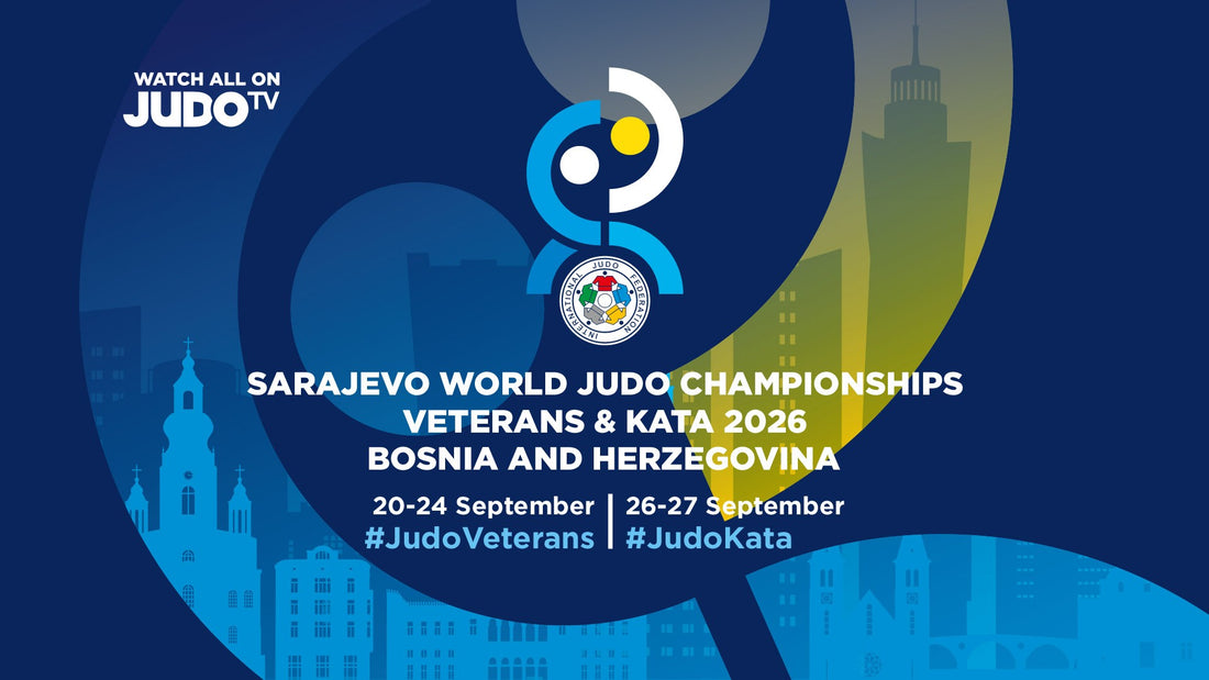 Blue event graphic with a stylised judo emblem, Sarajevo skyline silhouettes and text for the Sarajevo World Judo Championships Veterans and Kata 2026.