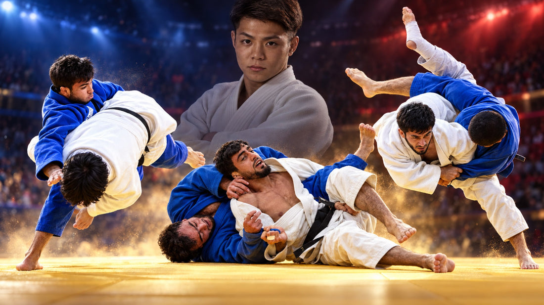 A graphic collage shows several judoka in blue and white gis competing on a brightly lit mat.