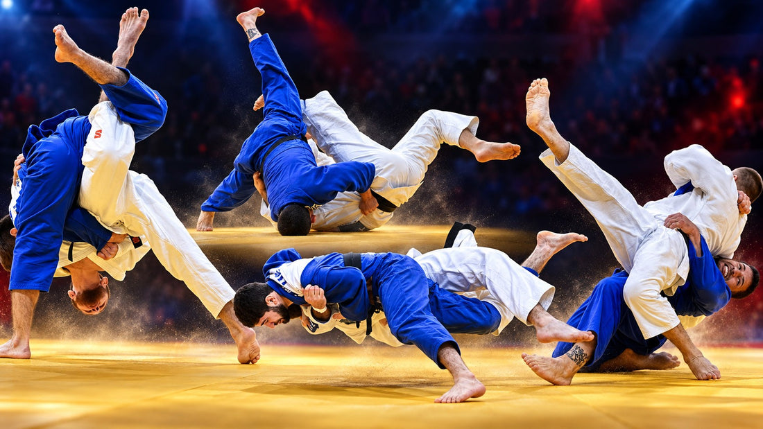Judoka in blue and white uniforms being thrown and falling across a brightly lit mat against a dark arena-style background.