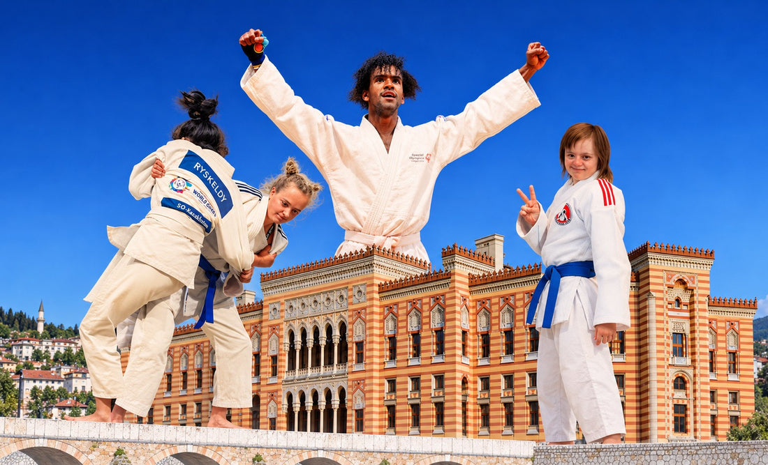 Three judoka in white gis pose in front of a large historic building, with one athlete jumping and another raising both arms.